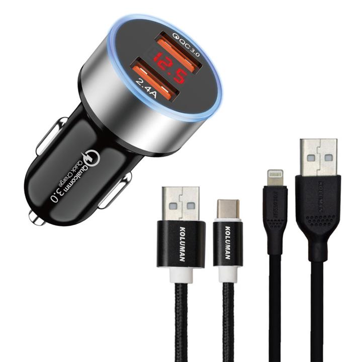 شارژر فندکی کلومن مدل KC - C06 همراه کابل USB-C و لایتنینگ Koluman KC - C06 Car Charger With Lightning And USB-C Cable